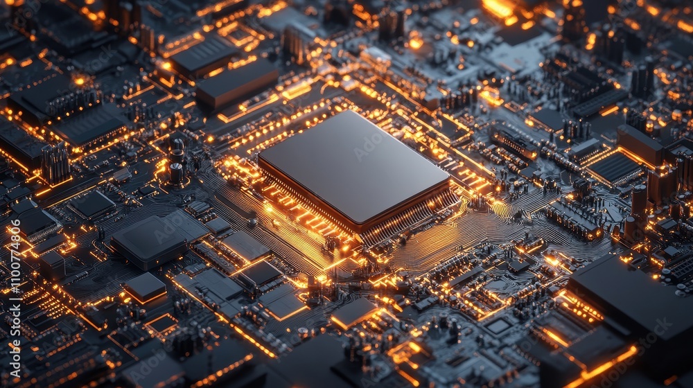 Poster A close-up view of a circuit board with glowing components, showcasing intricate details of technology and design.