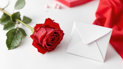 Fototapeta premium Romantic red rose with dew and elegant white envelope on soft red fabric