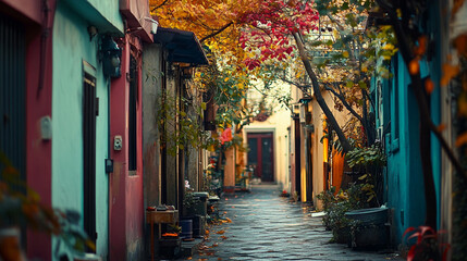 Fototapeta premium Autumn colors in a peaceful alley lined with charming houses and vibrant foliage