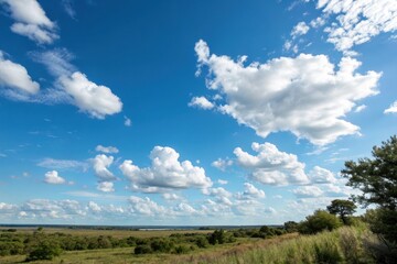 Fototapeta premium Serene landscape under a vibrant summer sky, puffy cumulus clouds scattered across a brilliant blue expanse, overlooking a tranquil flatland of green vegetation.