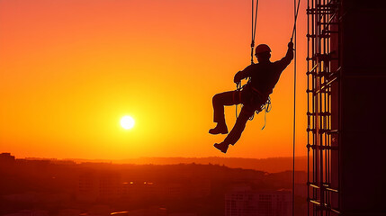 Sunset Silhouette, Industrial Worker Rappelling Down Building