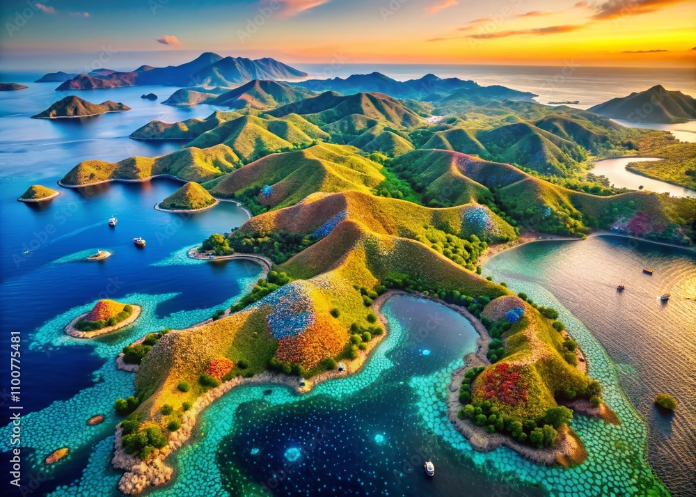 Poster stunning long exposure dot pattern map of komodo island capturing the unique geographical features a
