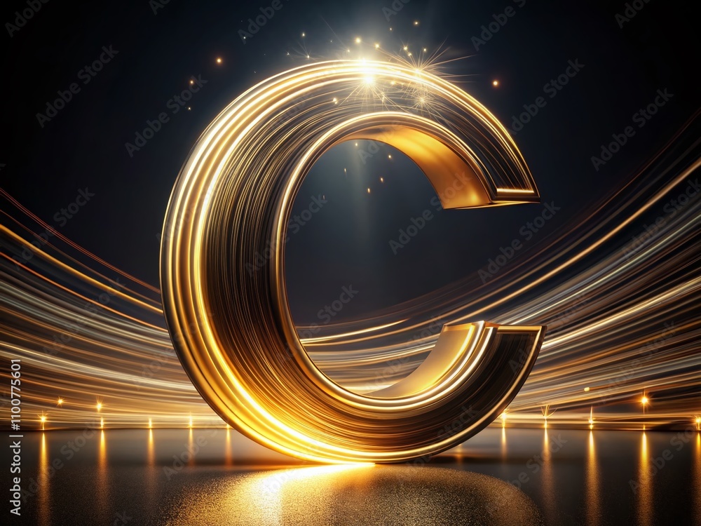 Poster stunning long exposure of gold 3d letter c font with vibrant light trails in a dark environment, sho