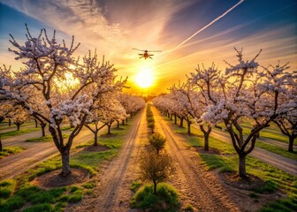 Stunning Long Exposure of Golden Hour Almond Blossoms in Field with Drone Pollination Captured in Morning Light for Nature and Agriculture Stock Photography