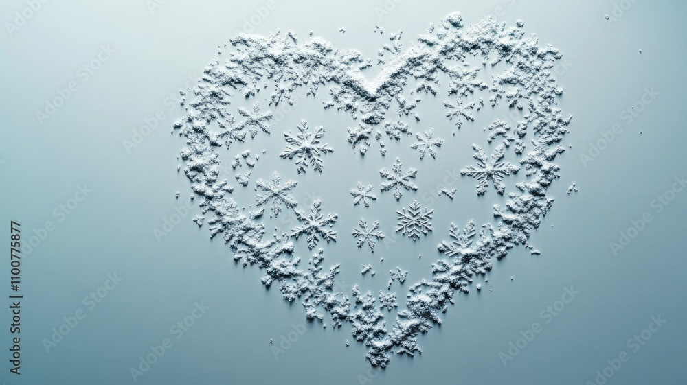 Poster heart shape created from snowflake patterns on white background