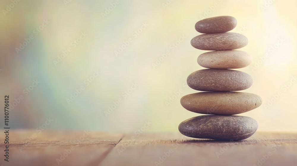Poster stack of smooth balanced stones on wooden surface with soft gradient background