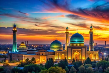 Fototapeta premium Stunning Low Light Photography of Tashkent Uzbekistan Skyline Silhouette Featuring Iconic Landmarks in a Unique and Artistic Design for Creative Projects and Marketing Purposes