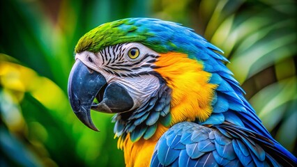 Obraz premium Stunning Macro Photography of a Blue and Yellow Macaw Ara Capturing the Vibrant Colors and Intricate Details of Its Feathers in Nature