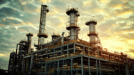 Fototapeta premium Industrial Refinery at Sunset. A Majestic Structure
