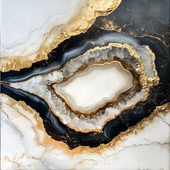Obraz premium Abstract Geode Painting, Black, Gold, White Resin Art