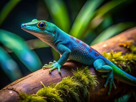 Stunning Night Photography of a Turquoise Dwarf Gecko, Lygodactylus williamsi, Captured in Its Natural Habitat at Jersey Zoo Amidst Lush Greenery and Soft Moonlight Glow