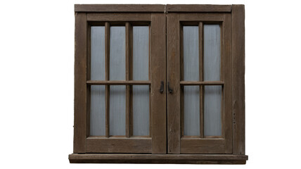 Rustic double-paned wooden window with glass panes and metal latch  transparent background