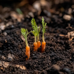 Tiny carrot tops emergence garden soil nature photography springtime scene close-up view growth and renewal