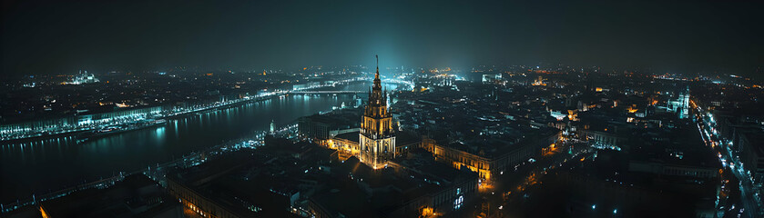 Fototapeta premium Night Cityscape, Illuminated Tower and River Reflecting Lights