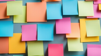 A vibrant assortment of sticky notes in various colors, arranged randomly on a surface, perfect for brainstorming, reminders, and creative ideas.
