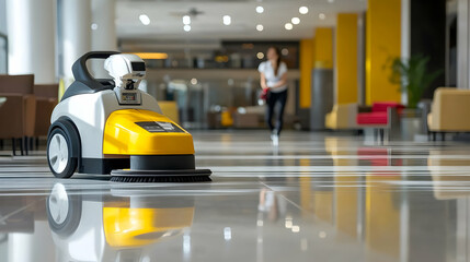 Automated Floor Cleaning Machine in Modern Lobby; Robotic Scrubber Polishing Gleaming Tiles Efficiently