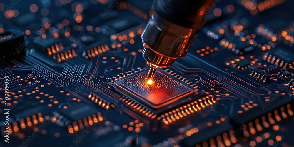 Poster A close-up of a circuit board with an illuminated microchip, showcasing intricate electronic components and a precision tool.