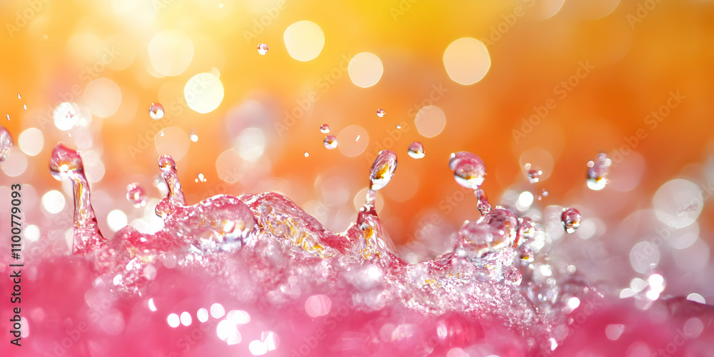 Poster water droplets splashing on pink, abstract background image with bokeh effect