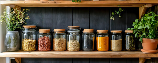 Fototapeta premium Kitchen Shelf with Glass Jars of Grains and Legumes, Herbs and Plants on Dark Wood Background