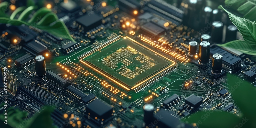 Poster a vibrant circuit board with a central microchip, surrounded by lush green leaves, showcasing the fu
