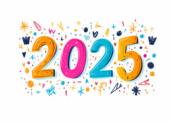 Vector illustration of colorful numbers "2025" in cartoon style with doodle elements, confetti, and stars on a white background