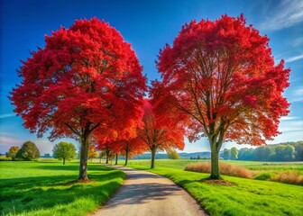 Stunning Red Norway Maple Trees Lining a Serene Pathway on a Sunny Spring Day in Beek, South Limburg, Netherlands with Vibrant Blue Sky and Lush Greenery