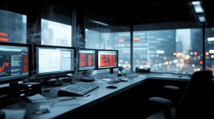 Naklejka premium The ruins of commerce an abandoned trading desk lost in time surrounded by cobwebs and neglect