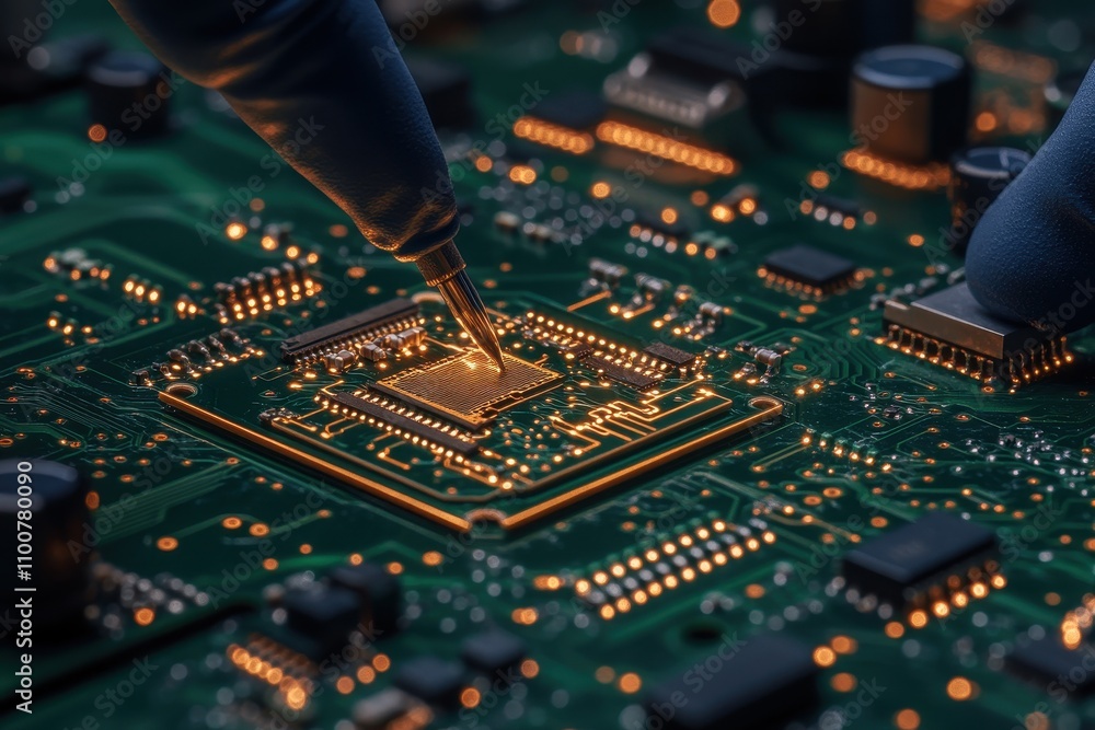 Poster A close-up of a technician's hand soldering a microchip on a circuit board, highlighting intricate electrical connections and glowing components.