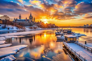 Fototapeta premium Stunning Sunrise Over Frozen Ottawa River at Pembroke Marina in March, Capturing the Beauty of a Cold Minus 25 Degrees Celsius Morning with Bokeh Effect