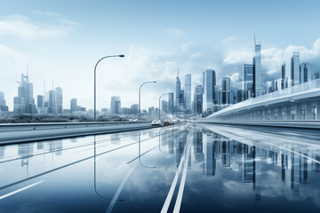 Fototapeta premium City skyline and reflective glass road