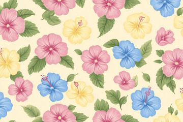 Colorful hibiscus flowers create vibrant and cheerful pattern on soft background