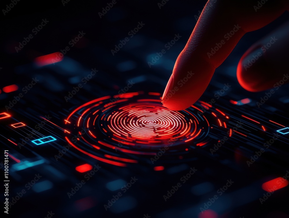 Poster anti tracking anonymity concept. a close-up of a finger touching a glowing red fingerprint scanner, 
