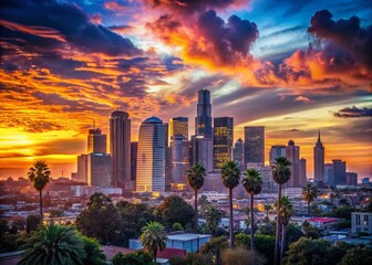 Fototapeta premium Stunning Urban Exploration Photography of Los Angeles City Skyline Detailed Silhouette at Dusk with Vibrant Colors and Dramatic Cloudy Sky, Perfect for Cityscape Lovers and Travel Enthusiasts