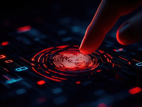 anti tracking anonymity concept. A close-up of a finger touching a glowing red fingerprint scanner, symbolizing biometric security and technology.