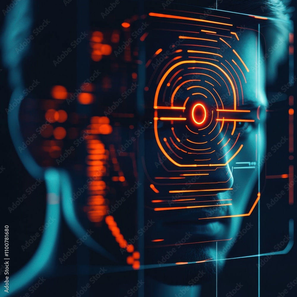 Poster anti tracking anonymity concept. a futuristic depiction of a face with digital patterns and glowing 