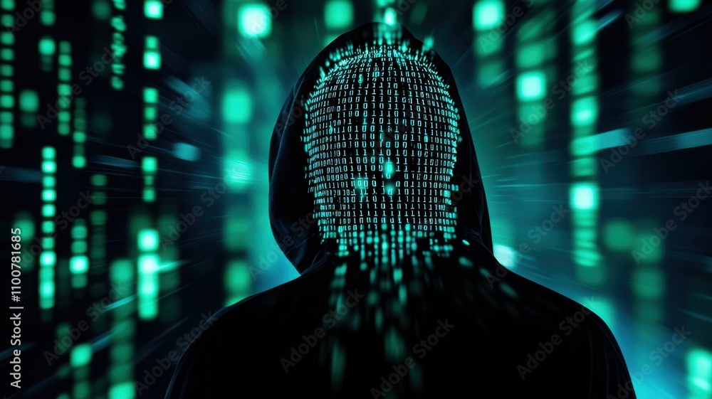 Poster anti tracking anonymity concept. a mysterious figure in a hoodie, overlaid with digital code, stands