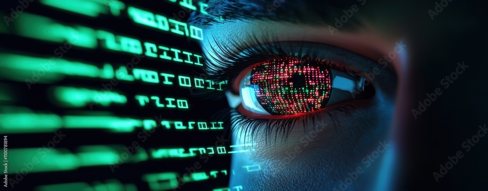 Poster anti tracking anonymity concept. a close-up of an eye with a digital display reflecting in the iris,