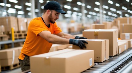 Efficient employee managing package sorting process on a conveyor belt in a modern warehouse setting