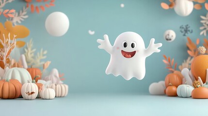 Playful floating ghost in eerie scene with pumpkin and whimsical decor for halloween fun and celebration