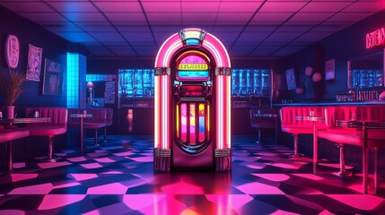 Retro Diner Jukebox Neon Lights - 1950s American Nostalgia