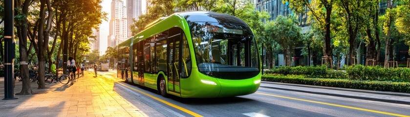 Fototapeta premium A modern green bus driving through a sunny city street.