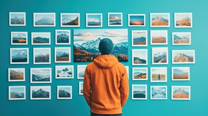 A person in an orange hoodie admires a gallery of framed landscape photographs on a vibrant turquoise wall.