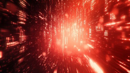 Red Digital Data Stream Tunnel Visualization