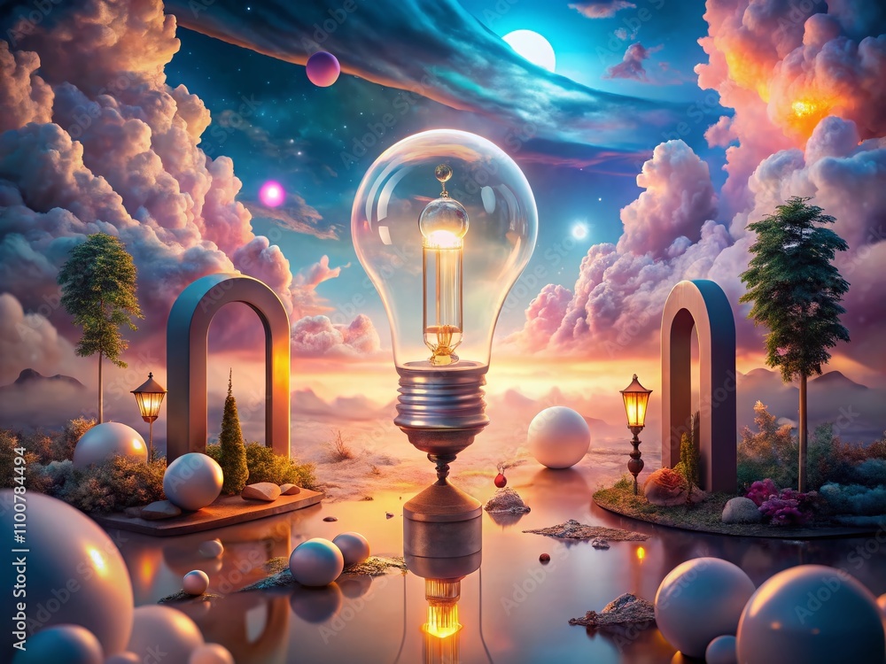 Poster surreal 3d light bulb font art: captivating letter e rendered with bright illumination and dreamlike