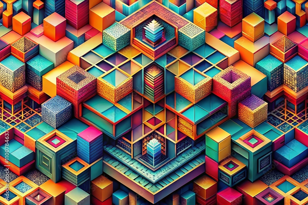 Poster Surreal Abstract Geometric Background with Isometric Shape Blocks – A Modern Graphic Design Element Featuring Vibrant Colors and Intricate Patterns for Creative Projects