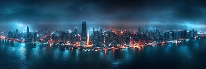 Fototapeta premium Chicago Skyline at Night A Panoramic View of Illuminated Skyscrapers along the Lakefront