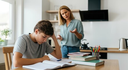 Obraz premium Stressed boy doing homework, woman gesturing in kitchen