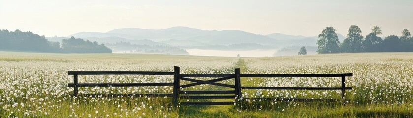 Fototapeta premium A serene landscape featuring a wooden gate in a lush meadow.