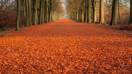 Fototapeta premium A serene pathway lined with trees and covered in autumn leaves.