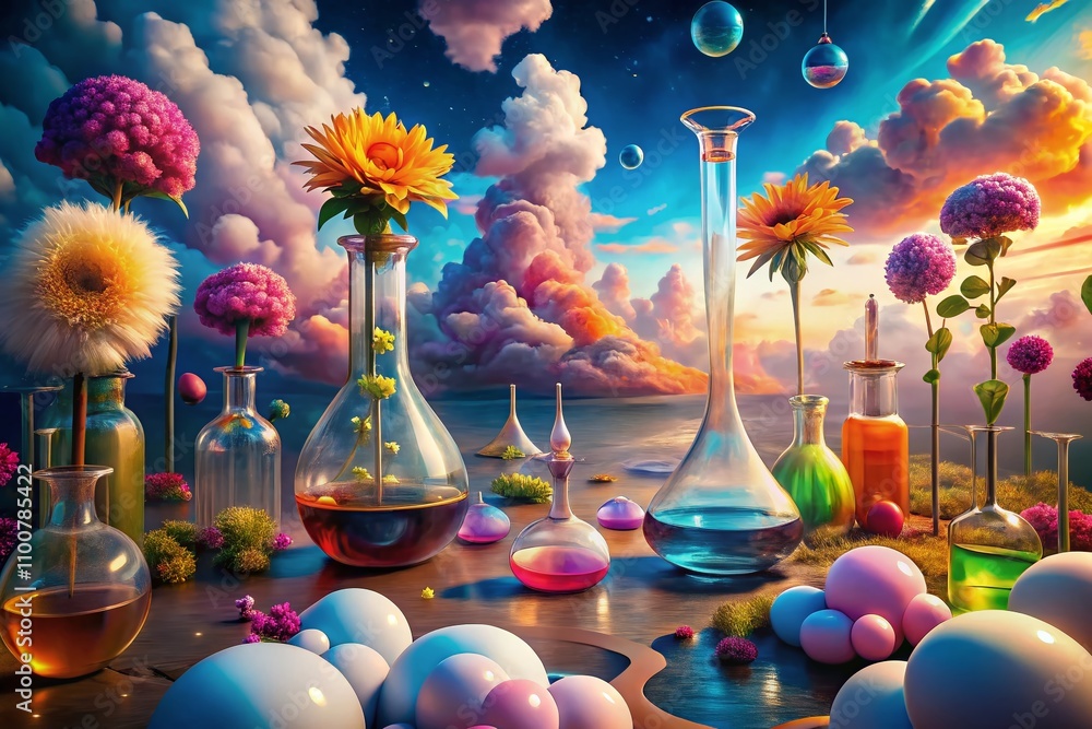 Poster surreal beakers in a dreamlike landscape with floating elements and vivid colors, merging science an